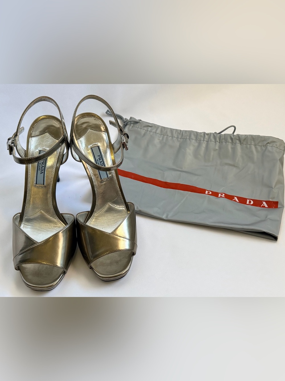 Prada Y2K Archival Metallic Leather Platform Stiletto Sandals 38 Dust Bag